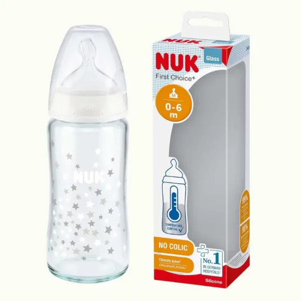 NUK First Choice+ biberón de cristal | 0-6 meses | Control de temperatura | Tetina de silicona | Válvula anticólicos | Sin BPA | 240 ml
