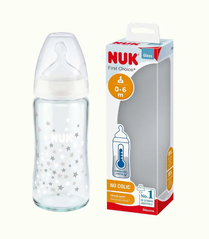 NUK First Choice+ biberón de cristal | 0-6 meses | Control de temperatura | Tetina de silicona | Válvula anticólicos | Sin BPA | 240 ml