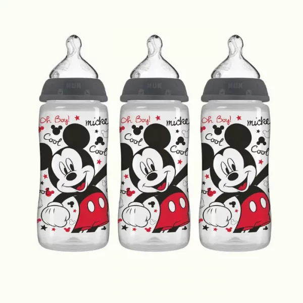 NUK - Disney Baby cuello ancho botellas silicona pezón medio flujo Mickey Mouse 0 meses + azul - 3Pack