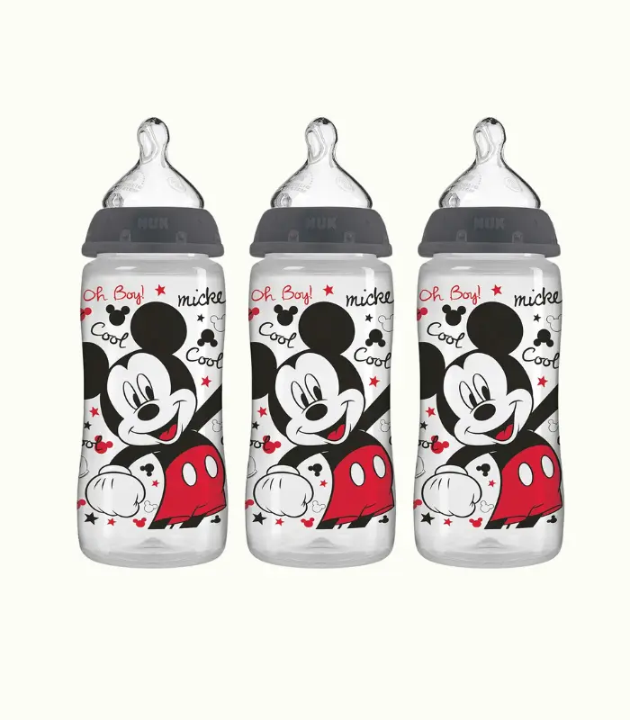 NUK - Disney Baby cuello ancho botellas silicona pezón medio flujo Mickey Mouse 0 meses + azul - 3Pack