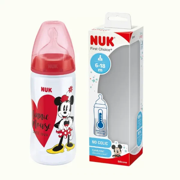NUK First Choice+ Biberón 6-18 Meses, Control de Temperatura, Válvula Anticólico, 300 ml, Tetina de Silicona Sin BPA, Disney Minnie Mouse