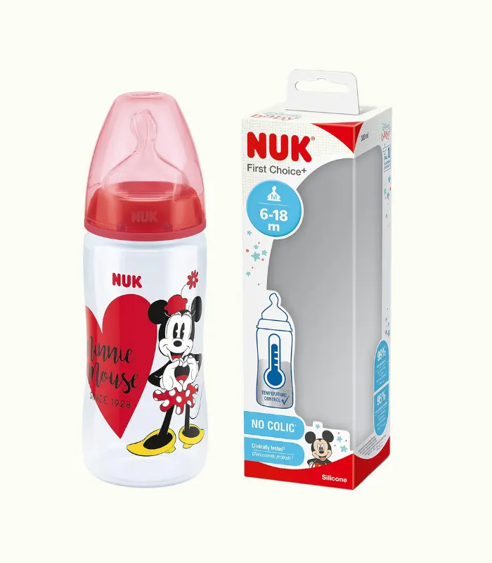 NUK First Choice+ Biberón 6-18 Meses, Control de Temperatura, Válvula Anticólico, 300 ml, Tetina de Silicona Sin BPA, Disney Minnie Mouse