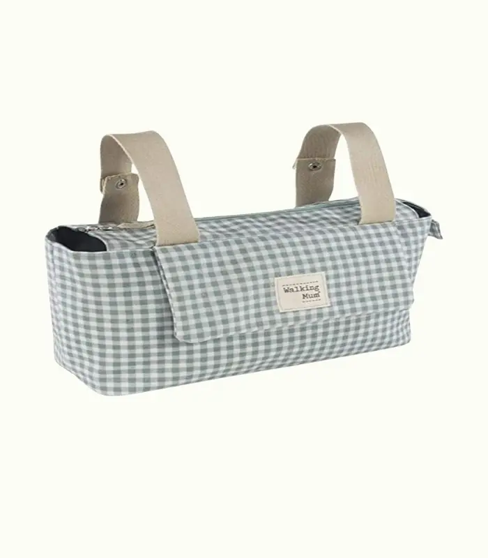 Bolso organizador I Love Vichy. Bolsa de maternidad para silla de paseo. Asas cortas para fijar al carro. Color Verde.