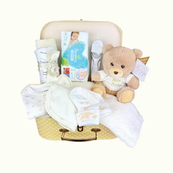 Cesta de Bebé Recién Nacido Estilo Maletín – Caja de Recuerdos de Bebé Crema con Osito, Muselina, Ropa y Otras Cosas de Bebé Esenciales