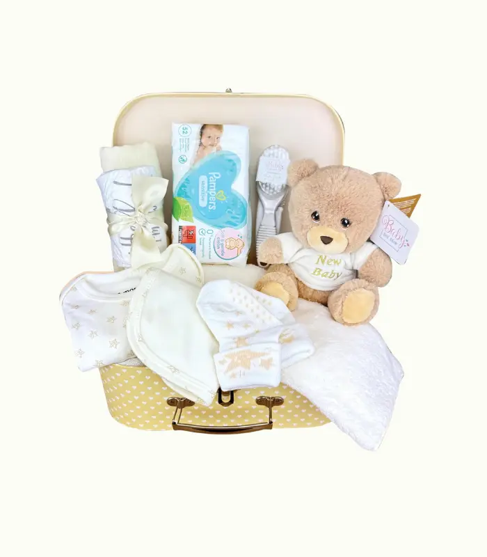 Cesta de Bebé Recién Nacido Estilo Maletín – Caja de Recuerdos de Bebé Crema con Osito, Muselina, Ropa y Otras Cosas de Bebé Esenciales