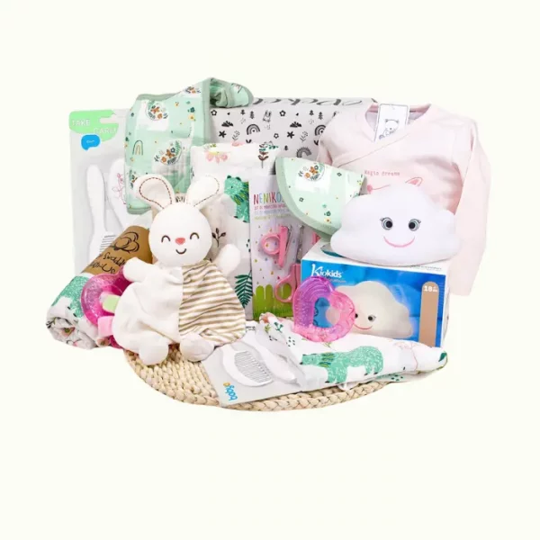 Canastilla para Bebé Recién Nacido - Caja de Regalo para Niña con Ropa de Algodón, Muselina, Babero, Peluche y Accesorios Unisex