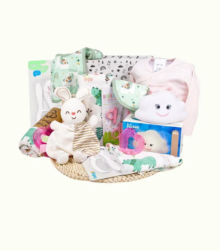 Canastilla para Bebé Recién Nacido - Caja de Regalo para Niña con Ropa de Algodón, Muselina, Babero, Peluche y Accesorios Unisex