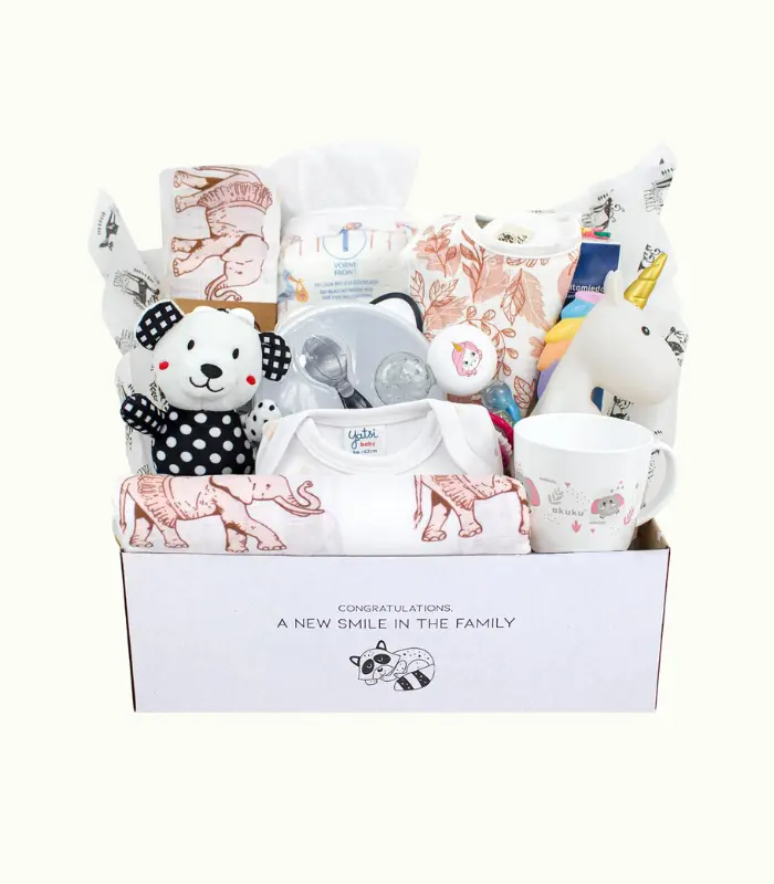Canastilla para Bebé Recién Nacido - Caja de Regalo Unisex para Niño o Niña con Body de Algodón, Muselina, Babero, Pañales, Peluche y Accesorios