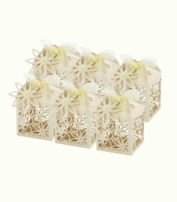 50 Cajas Regalo para Bautizo, Comunión, Cajitas de Carton Amarillas para Bombones Chuches Confetis, Flor Hueco Cajitas para Regalos de Boda Detalles