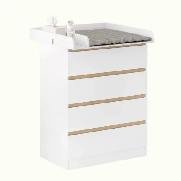 Cambiador Bebe con 4 Cajones, Comoda Cajonera con Accesorio Cambiador para Bebés, Cómoda Blanca con Tapa Cambiador para Dormitorio, Salón y Habitación