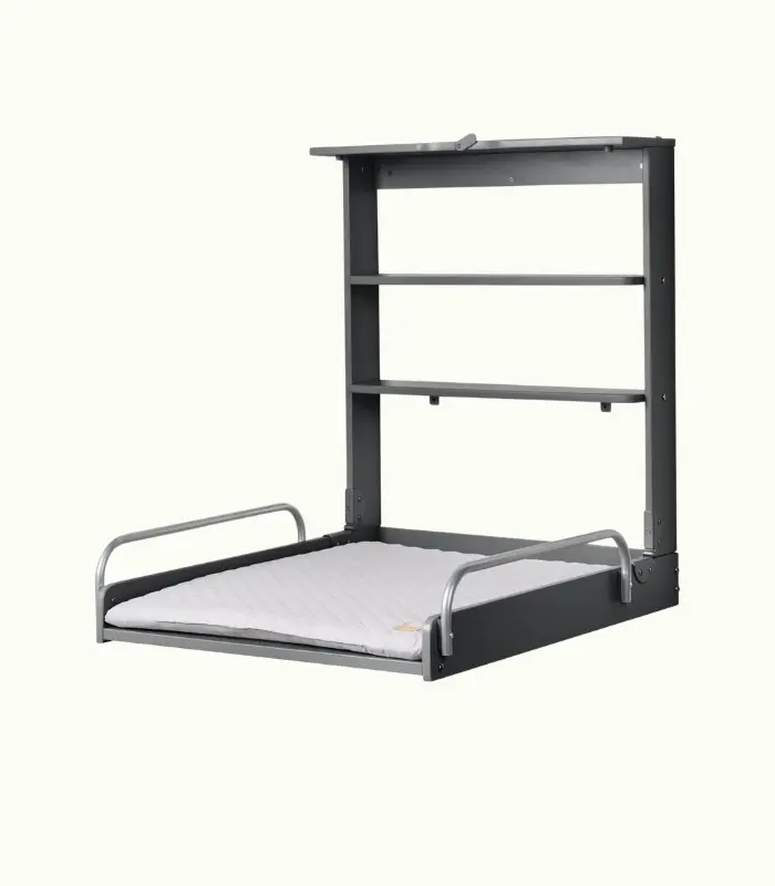 Cambiador de Pañales Plegable de Pared en Madera Antracita + Colchón Resistente al Agua Style gris - 2 Estantes Prácticos - Soporta hasta 15 kg