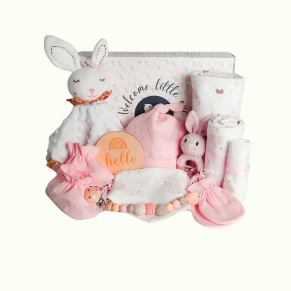 Canastilla Bebé Recién Nacido - Cesta Bebé Recién Nacido Niña – Incluye: Doudou Bebe, Sonajero, Portachupetes, Manta, Babero y Otros Textiles
