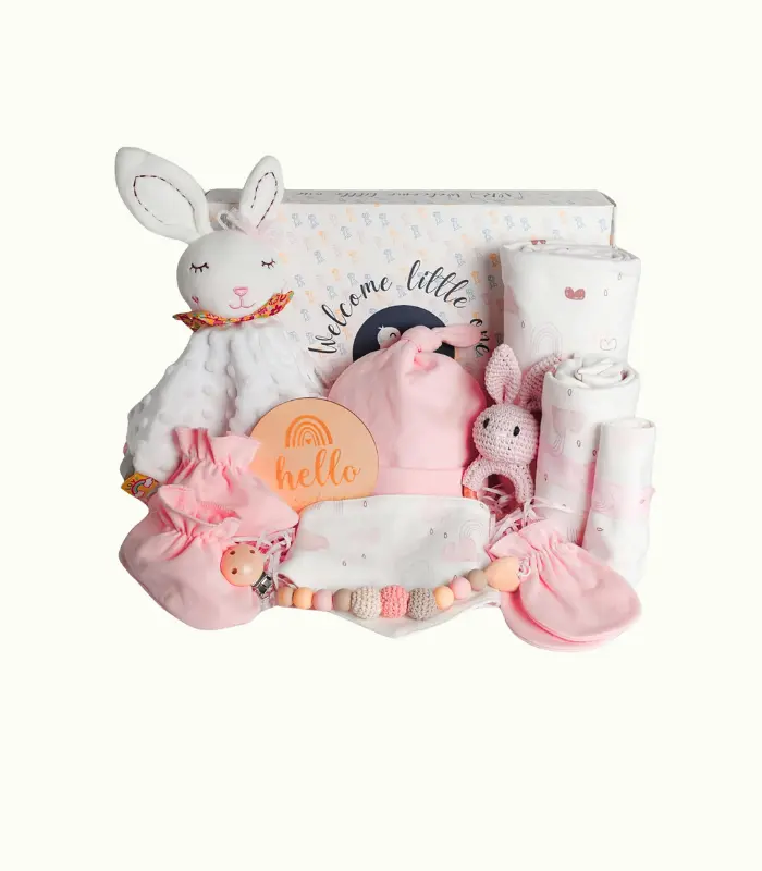 Canastilla Bebé Recién Nacido - Cesta Bebé Recién Nacido Niña – Incluye: Doudou Bebe, Sonajero, Portachupetes, Manta, Babero y Otros Textiles