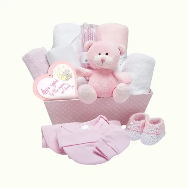 Cesta de Recién Nacido, Rosa - Cesta de Bebé Recién Nacido Niña Envuelta en Tela de Gasa – Cesta de Bebé con Osito, Patucos, Body, Babero, Gorro, Manta