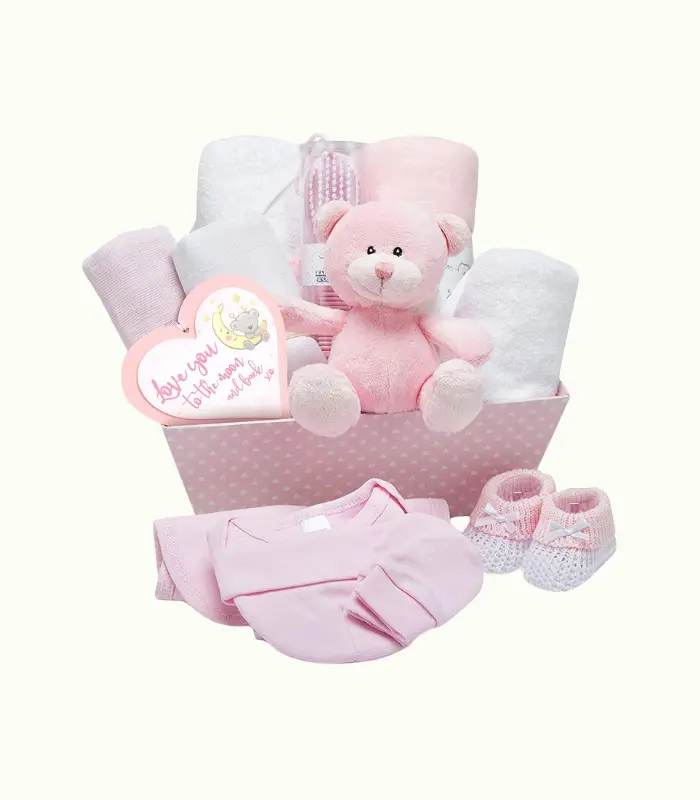 Cesta de Recién Nacido, Rosa - Cesta de Bebé Recién Nacido Niña Envuelta en Tela de Gasa – Cesta de Bebé con Osito, Patucos, Body, Babero, Gorro, Manta