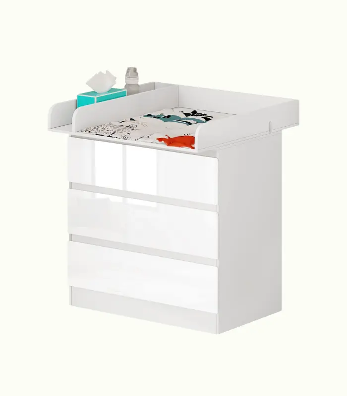 Cómoda Cambiador para Bebé con 3 Cajones, Cambiador Accesorio y Comoda de Madera Lacada en Blanco, Universal y Adaptable a Estante, Armario o Cómoda