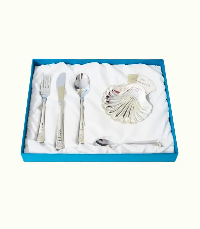 Concha bautizo personalizada y cubiertos grabados oso unisex grabados