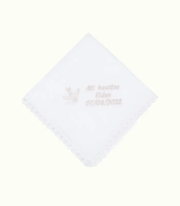 Pañuelo de Bautizo Bordado Personalizado. Personaliza Nombre, Color y Fecha. Toalla Bautizo-Regalo Personalizado (con Paloma Bordada)