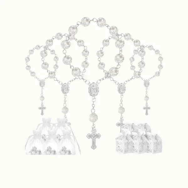 Set de 50 Paquetes Recuerdos de Bautismo, Cuentas de Rosario de Acrílico Marfil Perlas de Imitación Bolsas de Organza Blanca con Cordón Caja de Bautismo Cruzado con Cinta (Pulsera Plata)