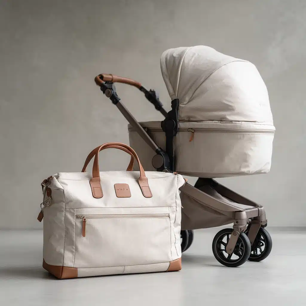 Bolsa de carrito de bebé en tonos beige junto a cochecito elegante